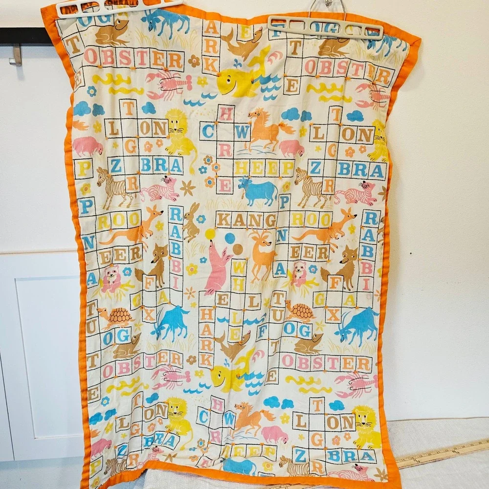Vintage Animal Alphabet Crossword Quilted Baby Blanket Orange Trim 33x47